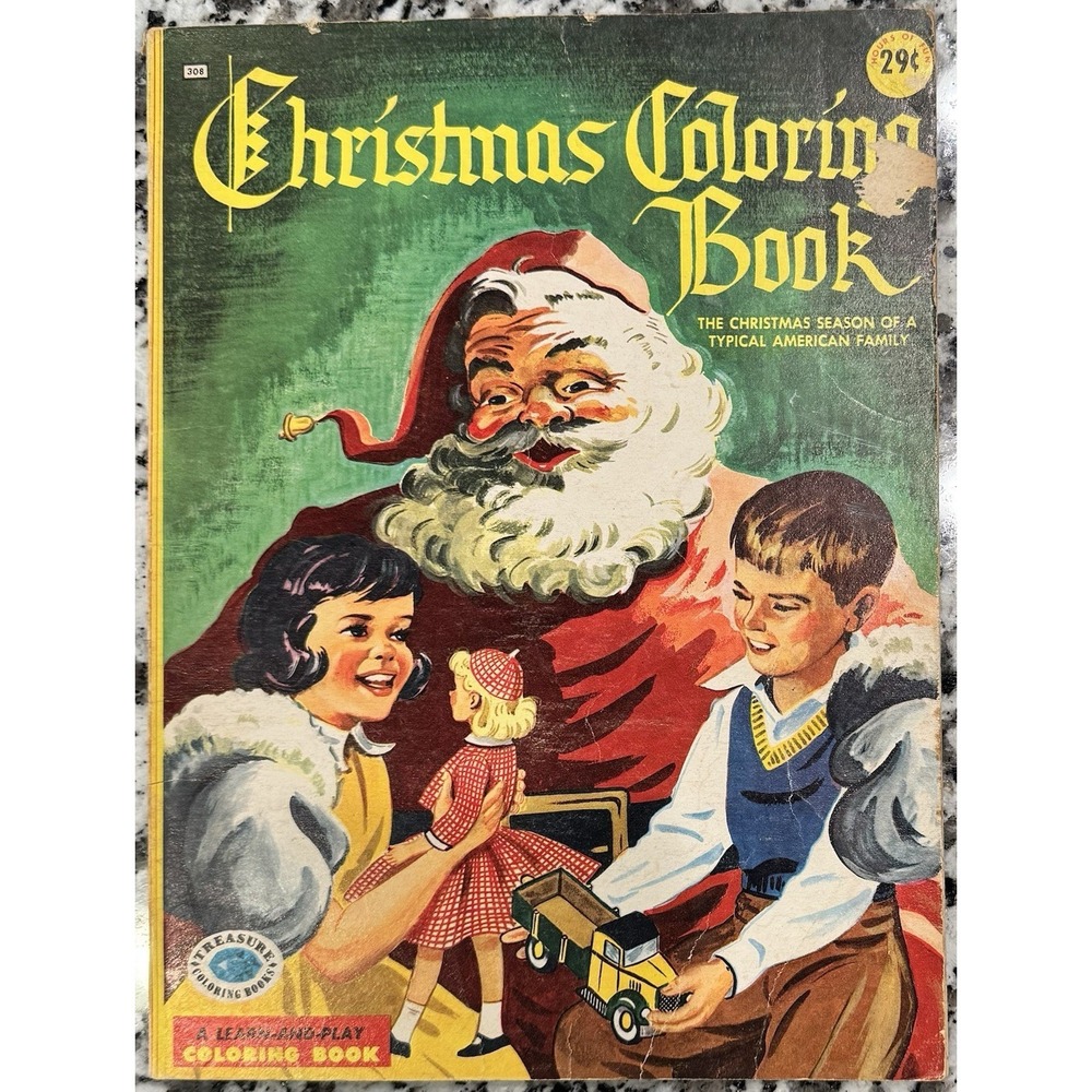 Vintage 1957 Christmas Coloring Book by Treasure Santa American Family